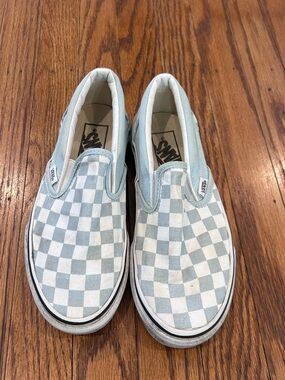 Vans Slip-On Checkerboard Sneakers in Light Blue and White